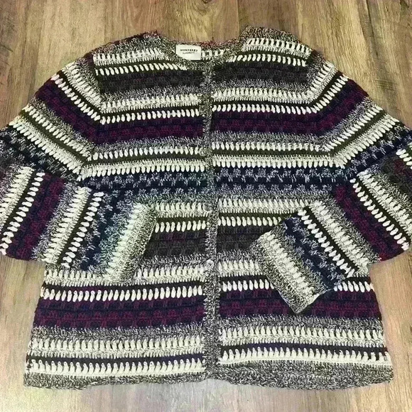 Cozy  Vintage 90s Striped Knitted Crewneck Button-Up Cardigan Sweater Purple‎ - Picture 1 of 5